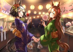 Rule 34 | 2girls, absurdres, ahoge, animal ears, text background, breasts, brown hair, candy apple, closed mouth, commentary request, cotton candy, festival, flower, food, from behind, hair flower, hair ornament, highres, holding, holding food, horse ears, horse girl, horse tail, interlocked fingers, japanese clothes, kimono, kitasan black (umamusume), lantern, large breasts, long hair, long sleeves, looking at viewer, looking back, multiple girls, night, open mouth, outdoors, paper lantern, ribbon, satono diamond (umamusume), smile, sunny (20597521), tail, torii, umamusume, wide sleeves, yukata