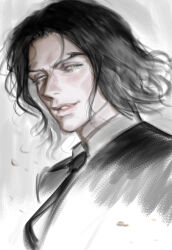 Rule 34 | 1boy, aged down, bishounen, black hair, curly eyebrows, eyelashes, formal, long hair, looking at viewer, male focus, necktie, one piece, pale skin, rob lucci, smile, suit, vestradog