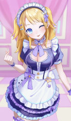 Rule 34 | 1girl, absurdres, blonde hair, blue eyes, blush, breasts, checkered floor, choker, cleavage, clothing cutout, collarbone, cowboy shot, crossed fingers, dress, earrings, eyebrows hidden by hair, frilled choker, frilled thighhighs, frills, hachimiya meguru, head tilt, highres, idolmaster, idolmaster shiny colors, jewelry, lace, lace-trimmed dress, lace trim, large breasts, layered skirt, leaning on object, leaning to the side, long hair, looking at viewer, maid, maid headdress, mishio (misio 40), one eye closed, short dress, skirt, smile, snapping fingers, solo, square neckline, star (symbol), star earrings, swept bangs, thighhighs, tongue, zettai ryouiki