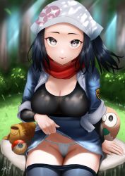 Rule 34 | 1girl, akari (pokemon), black hair, blue jacket, blue pants, blue skirt, breasts, cleavage, clothes lift, clothes pull, creatures (company), day, game freak, gen 7 pokemon, grey eyes, highres, jacket, layered sleeves, lifted by self, long hair, long sleeves, looking at viewer, medium breasts, miniskirt, nintendo, open clothes, open jacket, outdoors, panties, pants, pants pull, pokemon, pokemon (creature), pokemon legends: arceus, red scarf, rowlet, scarf, short over long sleeves, short sleeves, side ponytail, sitting, skirt, skirt lift, solo, tongue, tongue out, underwear, white headwear, white panties, zasshu
