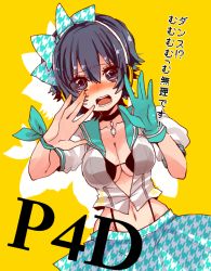 Rule 34 | 1girl, atlus, bad id, bad pixiv id, black bra, blue eyes, blue hair, blush, bow, bra, breasts, choker, cleavage, copyright name, embarrassed, gloves, hair bow, hairband, headphones, houndstooth, large breasts, looking at viewer, matching hair/eyes, megami tensei, navel, open clothes, open mouth, open shirt, persona, persona 4, persona 4: dancing all night, persona dancing, sailor collar, sayu030b, shin megami tensei, shirogane naoto, shirt, short hair, simple background, single glove, skirt, solo, translated, underwear, unmoving pattern, yellow background