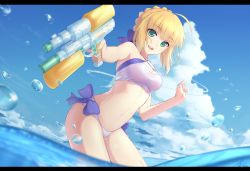 Rule 34 | 1girl, :d, ahoge, artoria pendragon (all), artoria pendragon (fate), artoria pendragon (swimsuit archer) (fate), artoria pendragon (swimsuit archer) (first ascension) (fate), bare arms, bare legs, bare shoulders, bikini, blonde hair, blue bow, blue sky, bow, breasts, cleavage cutout, clothing cutout, cloud, day, fate/grand order, fate/stay night, fate (series), foreshortening, green eyes, hair bow, highres, holding, lanzi (415460661), letterboxed, looking at viewer, medium breasts, navel, ocean, open mouth, outdoors, outstretched arm, saber (fate), sky, smile, solo, summer, swimsuit, water, water gun, white bikini