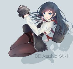 Rule 34 | 10s, 1girl, asashio (kancolle), belt, black hair, black pantyhose, blue eyes, buttons, character name, commentary request, dress, gloves, grey background, highres, kantai collection, long hair, long sleeves, looking to the side, lowleg, lowleg panties, machinery, open mouth, panties, panties under pantyhose, pantyhose, pinafore dress, red ribbon, ribbon, short dress, simple background, sleeveless, sleeveless dress, solo, tebi (tbd11), thigh strap, thighband pantyhose, turret, underwear
