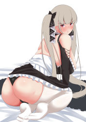 Rule 34 | 1girl, absurdres, ass, azur lane, bare shoulders, black dress, black panties, blush, clothing cutout, dress, formidable (azur lane), frilled dress, frills, from behind, full-face blush, grey hair, highres, leaning forward, light brown hair, long hair, looking at viewer, looking back, nanohana (november.), panties, shoulder cutout, simple background, solo, thighhighs, two-tone dress, two-tone ribbon, underwear, very long hair, white background, white thighhighs