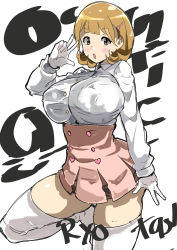 Rule 34 | 10s, 1girl, absurdres, blonde hair, breasts, brown eyes, brown hair, female focus, gloves, hair ornament, hairclip, highres, huge breasts, julioalqae, looking at viewer, miniskirt, narusawa ryouka, occultic;nine, open mouth, short hair, simple background, skirt, solo, standing, thighhighs, thighs, waitress, white background, white gloves, white thighhighs