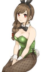 Rule 34 | 1girl, absurdres, alternate costume, animal ears, bare shoulders, black bow, black bowtie, black pantyhose, bow, bowtie, braid, braided ponytail, breasts, brown hair, cleavage, detached collar, fake animal ears, fishnet pantyhose, fishnets, gatsby ssl, green leotard, highres, idolmaster, idolmaster cinderella girls, invisible chair, leotard, light smile, looking at viewer, medium breasts, own hands together, pantyhose, playboy bunny, rabbit ears, rabbit tail, senkawa chihiro, side ponytail, simple background, sitting, solo, tail, white background, wrist cuffs