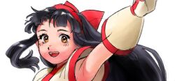 Rule 34 | 1girl, ainu clothes, arm up, armpits, black hair, breasts, brown eyes, fingerless gloves, gloves, hair ribbon, highres, long hair, looking at viewer, medium breasts, nakoruru, open mouth, ribbon, samurai spirits, smile, snk, solo, the king of fighters