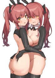 Rule 34 | 2girls, absurdres, animal ears, ass, blush, breast press, breasts, cleavage, fake animal ears, hair between eyes, highres, idolmaster, idolmaster shiny colors, incest, leotard, long hair, long sleeves, looking at viewer, medium breasts, meme attire, multiple girls, open mouth, osaki amana, osaki tenka, playboy bunny, rabbit ears, red hair, revealing clothes, reverse bunnysuit, reverse outfit, shrug (clothing), siblings, sisters, sweat, swept bangs, symmetrical docking, thighhighs, twins, wanimaru, white background, yellow eyes