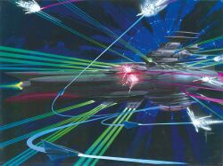 Rule 34 | battle, concept art, energy cannon, energy weapon, explosion, firing, flying, laser, mecha focus, no humans, science fiction, signature, space, spacecraft, syd mead, third-party source, traditional media, yamato2520, yamato (uchuu senkan yamato)