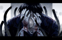Rule 34 | 1boy, amestris military uniform, black hair, blind, blood, blood on arm, blood on clothes, blood on hands, commentary request, creature, despair, door, fullmetal alchemist, gloves, hands in hair, hands on own face, hands up, highres, injury, letterboxed, long sleeves, looking ahead, magic circle, male focus, parted lips, portrait, reaching, roy mustang, short hair, solo focus, spoilers, sweat, tentacles, torn clothes, torn gloves, truth (fma), twitter username, white background, white eyes, white gloves, wide-eyed, yuu (kotobana 0418)