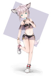 Rule 34 | 1girl, absurdres, adjusting footwear, ahoge, animal ears, arknights, bikini, black bikini, blackma (pagus0012), blue eyes, bracelet, earphones, eating, food, fox ears, fox girl, fox tail, full body, gluteal fold, hair ornament, hairclip, highres, jewelry, leg up, legs, low twintails, material growth, navel, off-shoulder bikini, off shoulder, official alternate costume, oripathy lesion (arknights), popsicle, shoes, short hair, short twintails, silver hair, sneakers, solo, standing, standing on one leg, sussurro (arknights), sussurro (summer flower) (arknights), swimsuit, tail, thigh gap, thighs, tongue, twintails, white footwear