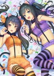 Rule 34 | 2girls, aimori meguru, animal ears, bare shoulders, bed sheet, black hair, bloomers, blue eyes, blush, breasts, candy, cat ears, cat girl, cat tail, commentary request, fang, fingernails, food, frills, fur collar, halloween, hand up, highres, lace, lace-trimmed legwear, lace trim, lollipop, long hair, looking at viewer, lying, midriff, multiple girls, nail polish, navel, on back, open mouth, orange bloomers, orange nails, original, purple bloomers, purple nails, red eyes, small breasts, star (symbol), striped clothes, striped legwear, striped thighhighs, suspenders, swirl lollipop, tail, thighhighs, underwear, very long hair