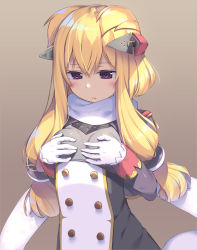Rule 34 | 1girl, azur lane, blonde hair, blush, breast conscious, breasts, brown background, gloves, gradient background, hands on own chest, headgear, highres, long hair, looking down, olive (laai), pout, pouty lips, purple eyes, scarf, small breasts, solo, warspite (azur lane), white gloves, white scarf