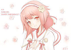 Rule 34 | 1girl, artist name, atoatto, blush, cherry blossoms, dated, fire emblem, fire emblem fates, hairband, happy birthday, nintendo, petals, pink eyes, pink hair, portrait, sakura (fire emblem), simple background, solo, white background
