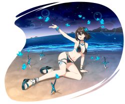 Rule 34 | 1girl, :d, absurdres, ahoge, arm support, armpits, bare arms, bare shoulders, beach, bead bracelet, beads, bikini, black bikini, black choker, black hair, bracelet, breasts, bug, butterfly, butterfly hair ornament, choker, cleavage, counter:side, dagger, elizabeth pendragon, full body, green eyes, hair ornament, halterneck, highres, huge filesize, insect, jewelry, knife, looking up, medium breasts, nail polish, navel, night, official alternate costume, official art, open mouth, sandals, short hair, sitting, smile, solo, stomach, swimsuit, thigh strap, thighs, transparent background, water, weapon, yokozuwari