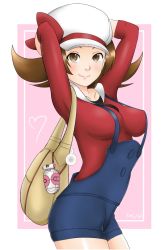 Rule 34 | 1girl, arms behind head, artist name, bag, breasts, brown eyes, brown hair, creatures (company), game freak, kingcat0404, large breasts, looking at viewer, low twintails, lyra (pokemon), nintendo, overalls, pokemon, pokemon hgss, smile, solo, twintails
