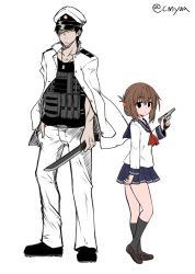 Rule 34 | 10s, 1boy, 1girl, admiral (kancolle), bad id, bad pixiv id, blade, brown hair, dog tags, folded ponytail, gun, inazuma (kancolle), kantai collection, knife, load bearing vest, loafers, machete, personification, pleated skirt, school uniform, serafuku, shoes, skirt, socks, sword, twitter username, weapon, yua (checkmate)