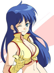 Rule 34 | 1girl, agahari, blue eyes, blue hair, breasts, cleavage, dirty pair, earrings, gloves, jewelry, long hair, looking at viewer, matching hair/eyes, midriff, navel, one eye closed, pointing, pointing at viewer, smile, solo, yuri (dirty pair)