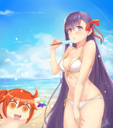 Rule 34 | 10s, 2girls, absurdres, ahoge, bb (fate), bb (fate), bb (fate/extra), beach, bikini, blue sky, breasts, cleavage, cloud, cowboy shot, day, fate/extra, fate/extra ccc, fate/grand order, fate (series), food, front-tie top, fujimaru ritsuka (female), highres, long hair, medium breasts, multiple girls, one side up, orange eyes, orange hair, outdoors, popsicle, purple eyes, purple hair, red ribbon, ribbon, saint quartz (fate), sky, solo focus, swimsuit, white bikini, xiao miao