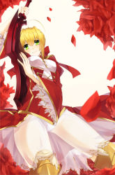 Rule 34 | 10s, 1girl, aestus estus, ahoge, allenkung1, blonde hair, breasts, cleavage, dress, epaulettes, fate/extra, fate/stay night, fate (series), flower, green eyes, hair ribbon, highres, nero claudius (fate), nero claudius (fate) (all), nero claudius (fate/extra), panties, petals, red flower, red rose, ribbon, rose, see-through, solo, sword, underwear, weapon