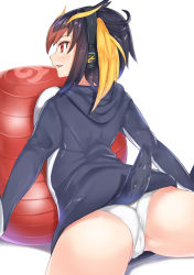 Rule 34 | 10s, 1girl, :d, arched back, ass, ball, bird tail, black hair, black jacket, blonde hair, blush, breast press, breasts, cameltoe, character name, commentary request, exercise ball, from behind, gloves, hair between eyes, happy, headphones, highres, hood, hood down, hooded track jacket, jacket, japari symbol, kemono friends, leaning forward, leotard, leotard under clothes, long sleeves, looking to the side, medium breasts, multicolored hair, open clothes, open jacket, open mouth, outstretched arm, outstretched arms, profile, red eyes, red hair, rockhopper penguin (kemono friends), ryouya, shadow, short hair, sidelocks, sideways mouth, simple background, smile, solo, spread arms, spread legs, streaked hair, tail, thighs, track jacket, tsurime, white background, white jacket, white leotard