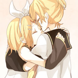 Rule 34 | 1boy, 1girl, blonde hair, bow, brother and sister, couple, duplicate, hair ornament, hairpin, hetero, hug, kagamine len, kagamine rin, siblings, tama (songe), twins, vocaloid, yellow theme