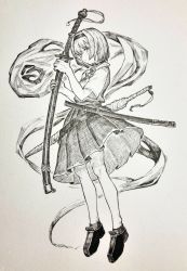 Rule 34 | 1girl, absurdres, bow, bowtie, choker, closed mouth, full body, greyscale, highres, holding, holding sword, holding weapon, konpaku youmu, konpaku youmu (ghost), loafers, looking at viewer, mashimashi, monochrome, pleated skirt, sheath, shoes, short hair, short sleeves, skirt, solo, sword, touhou, traditional media, weapon