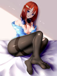 Rule 34 | 1girl, absurdres, black pantyhose, blue eyes, blue shirt, breasts, brown hair, cleavage, feet, female focus, full body, go-toubun no hanayome, hair between eyes, headphones, highres, indoors, j.c.14, long hair, looking at viewer, nakano miku, no bra, off-shoulder shirt, off shoulder, on bed, open clothes, open shirt, panties, panties under pantyhose, pantyhose, pantyshot, parted lips, shirt, sidelighting, sitting, soles, solo, toes, underwear