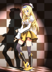Rule 34 | 1girl, blonde hair, blue eyes, blush, boots, cecilia alcott, checkered background, checkered floor, cosplay, diesel-turbo, drill hair, floor, hairband, hat, infinite stratos, long hair, magical girl, mahou shoujo madoka magica, mahou shoujo madoka magica (anime), season connection, shadow, socks, solo, spotlight, striped clothes, striped socks, striped thighhighs, thighhighs, tomoe mami, tomoe mami (cosplay), zettai ryouiki