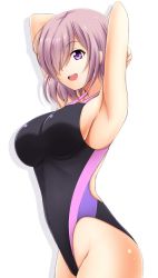 Rule 34 | 1girl, :d, alternate costume, armpits, arms behind head, arms up, black one-piece swimsuit, breasts, commentary request, competition swimsuit, fate/grand order, fate (series), female focus, fuuma nagi, hair over one eye, happy, large breasts, light purple hair, mash kyrielight, neck, one-piece swimsuit, open mouth, purple eyes, round teeth, short hair, simple background, smile, solo, standing, swimsuit, teeth, type-moon, upper teeth only, white background