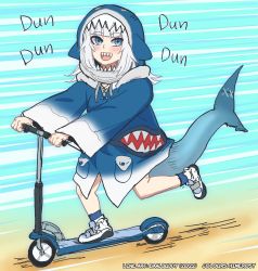 Rule 34 | 1girl, absurdres, animal costume, animal hood, bad id, bad twitter id, bb (baalbuddy), blue eyes, blue hair, colorized, fangs, fins, fish tail, gawr gura, highres, himerosy, hololive, hololive english, hood, motor vehicle, multicolored hair, open mouth, scooter, self-upload, shark girl, shark hood, shark tail, smile, streaked hair, tail, virtual youtuber, white hair