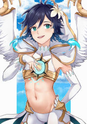 Rule 34 | 1boy, absurdres, alternate costume, androgynous, arm behind back, black hair, blue hair, braid, capelet, chest tattoo, cloud, cloudy sky, crop top, day, detached sleeves, feathered wings, flower, genshin impact, gradient hair, green eyes, hair flower, hair ornament, hand on own chest, highres, hood, hood down, hooded capelet, long sleeves, looking at viewer, male focus, maumaou, midriff, multicolored hair, navel, open mouth, outdoors, short hair with long locks, shorts, sky, sleeveless, smile, solo, tattoo, twin braids, venti (archon) (genshin impact), venti (genshin impact), white flower, white shorts, wings