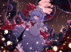 Rule 34 | 1girl, ascot, bad id, bad pixiv id, bat wings, blue hair, bow, brooch, commentary request, dress, hair between eyes, hat, hat ribbon, highres, holding, holding weapon, jewelry, light particles, lo-ta, looking at viewer, mob cap, moon, nail polish, night, night sky, polearm, puffy short sleeves, puffy sleeves, red ascot, red bow, red eyes, red moon, red nails, red ribbon, remilia scarlet, ribbon, short hair, short sleeves, sky, solo, spear, spear the gungnir, touhou, v-shaped eyebrows, weapon, white dress, white hat, wings, wrist cuffs