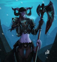 Rule 34 | 1girl, armor, axe, black hair, blue eyes, brown pants, colored skin, death knight (warcraft), distr, draenei, eye trail, hair on horn, highres, holding, holding axe, holding with tail, horns, light trail, looking at viewer, midriff, navel, pants, parted lips, pauldrons, prehensile tail, purple skin, shoulder armor, signature, snow, solo, standing, tail, warcraft, world of warcraft