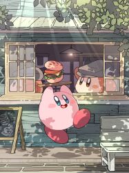 Rule 34 | arms up, bench, blue eyes, blush, blush stickers, brown eyes, burger, day, flat cap, food, full body, grey headwear, hanging light, hat, holding, holding plate, kirby, kirby (series), light rays, looking up, mutekyan, nintendo, no humans, open mouth, outdoors, plate, shadow, sign, smile, waddle dee, window