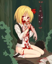 Rule 34 | 1girl, blonde hair, blood, blood from mouth, blood on clothes, blood on face, blood on hands, bottomless, bow, buttons, collared shirt, commentary request, corpse, disembodied hand, empty eyes, gap (touhou), guro, hair bow, highres, long sleeves, looking at viewer, miyo (ranthath), open mouth, outdoors, red bow, red eyes, rumia, shirt, shoes, short hair, sitting, socks, torn clothes, torn sleeves, touhou, white legwear, white shirt