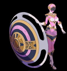 Rule 34 | 1girl, armored boots, black background, bodysuit, boots, breasts, catball1994, chouriki sentai ohranger, gloves, helmet, high heel boots, high heels, highres, holding, holding shield, huge weapon, momo maruo, ohpink, pink bodysuit, shield, solo, super sentai, weapon, white gloves
