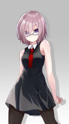 Rule 34 | 1girl, arms at sides, bare arms, bare shoulders, black dress, black pantyhose, breasts, closed mouth, collared dress, date (mamanonamaebot), dress, fate/grand order, fate (series), female focus, glasses, gradient background, grey-framed eyewear, grey-framed glasses, grey background, hair over one eye, highres, light purple hair, looking at viewer, mash kyrielight, medium breasts, neck, necktie, pantyhose, pleated dress, purple eyes, red necktie, shadow, short hair, sleeveless, sleeveless dress, smile, solo, standing, type-moon