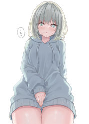 Rule 34 | 1girl, :o, absurdres, arm behind back, blush, commentary request, covering privates, covering crotch, cowboy shot, drawstring, fingernails, from below, gluteal fold, grey eyes, grey hair, grey hoodie, hayashi takeo, highres, hood, hood down, hoodie, long sleeves, looking at viewer, medium hair, no pants, original, panties, shiny skin, simple background, solo, speech bubble, standing, talking, thigh gap, thighs, translated, underwear, white background, white panties