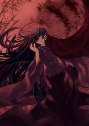 Rule 34 | 1girl, bad id, bad pixiv id, bamboo, bamboo forest, black hair, dutch angle, female focus, forest, hair over one eye, highres, houraisan kaguya, japanese clothes, long hair, mouth hold, nature, red eyes, red theme, skade, solo, string, string of fate, touhou, very long hair, wide sleeves