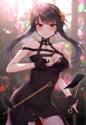Rule 34 | 1girl, artist name, black dress, black gloves, blurry, blurry background, blush, breasts, cleavage, contrapposto, cowboy shot, dagger, dress, earrings, fingerless gloves, floating hair, flower, glint, gloves, gold earrings, gold hairband, hair flower, hair ornament, hairband, hand up, holding, holding dagger, holding knife, holding weapon, jewelry, knife, large breasts, light particles, long hair, naomi (fantasia), parted lips, reverse grip, rose, short hair with long locks, sidelocks, solo, spikes, spy x family, torn clothes, torn dress, two-sided dress, two-sided fabric, weapon, yor briar