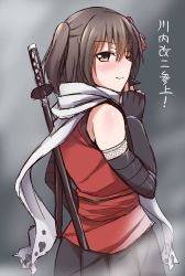 Rule 34 | 10s, 1girl, bare shoulders, black hair, blush, brown eyes, detached sleeves, elbow gloves, fingerless gloves, gloves, gradient background, hair ornament, kantai collection, katana, looking at viewer, one eye closed, sama samasa, scarf, sendai (kancolle), sendai kai ni (kancolle), short hair, skirt, smile, solo, sword, translated, two side up, weapon