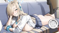 Rule 34 | 1girl, absurdres, doodle sensei (blue archive), ass, asuna (blue archive), blue archive, blue eyes, bow, bowtie, breasts, choker, collared shirt, couch, hair over one eye, halo, highres, kneehighs, large breasts, long hair, long sleeves, looking at viewer, lying, on stomach, panties, pleated skirt, samart, sensei (blue archive), shirt, skirt, smile, socks, solo, thighs, underwear, very long hair, white panties