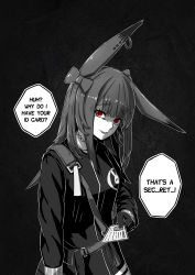 Rule 34 | 1girl, absurdres, animal ears, animal print, arknights, bad id, bad pixiv id, commentary, earrings, english commentary, english text, furrowed brow, greyscale, highres, holding, ichi10art, id card, jewelry, looking at viewer, monochrome, open mouth, rabbit print, red eyes, rope (arknights), single earring, solo, spot color