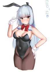 Rule 34 | 1girl, alternate costume, animal ears, bare shoulders, black leotard, black pantyhose, blunt tresses, blush, bow, bowtie, breasts, commentary request, cowboy shot, detached collar, fake animal ears, gloves, grey hair, hair ribbon, highres, kantai collection, large breasts, leotard, long hair, murakumo (kancolle), one-hour drawing challenge, pantyhose, parted lips, playboy bunny, red bow, red bowtie, ribbon, simple background, solo, tf cafe, tress ribbon, twitter username, white background, white gloves, wrist cuffs, yellow eyes