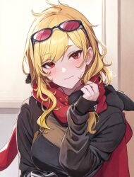 Rule 34 | 1girl, black sweater, blonde hair, blush, breasts, commentary request, eyewear on head, highres, hololive, hololive indonesia, kaela kovalskia, long hair, long sleeves, looking at viewer, lyr9640ra, medium breasts, red-tinted eyewear, red eyes, red scarf, scarf, sleeves past wrists, solo, sunglasses, sweater, tinted eyewear, upper body, virtual youtuber, window