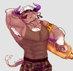 Rule 34 | 1boy, animal ears, armband, bara, brown fur, camouflage, camouflage headwear, commentary, cow ears, cow horns, envy-soda, furry, furry male, headband, holding, holding syringe, horns, minotaur, muscular, muscular male, one eye closed, outstretched arm, purple eyes, smile, solo focus, syringe, tank top, tokyo houkago summoners, white hair
