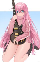 Rule 34 | 1girl, absurdres, black socks, blue eyes, blush, bocchi the rock!, commentary, cube hair ornament, gotoh hitori, guitar, hair ornament, highres, holding, holding instrument, instrument, jacket, long hair, long sleeves, looking at viewer, nemuaki, parted lips, pink hair, pink jacket, seiza, sitting, socks, solo, track jacket