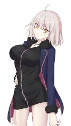 Rule 34 | ahoge, black dress, breasts, coat, dress, elfenlied22, fate/grand order, fate (series), frown, fur-trimmed coat, fur-trimmed sleeves, fur trim, highres, jeanne d&#039;arc (fate), jeanne d&#039;arc alter (fate), jeanne d&#039;arc alter (ver. shinjuku 1999) (fate), jewelry, large breasts, necklace, official alternate costume, short hair, silver hair, tsurime, white background, wicked dragon witch ver. shinjuku 1999, yellow eyes