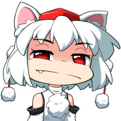 Rule 34 | 1girl, :i, animal ear fluff, animal ears, closed mouth, commentary, detached sleeves, english commentary, fang, fang out, hat, inubashiri momiji, looking at viewer, medium bangs, pom pom (clothes), rakkidei, red eyes, red hat, shirt, short hair, simple background, sleeveless, sleeveless shirt, solo, tokin hat, touhou, unamused, upper body, white background, white hair, white shirt, white sleeves, wolf ears, wolf girl